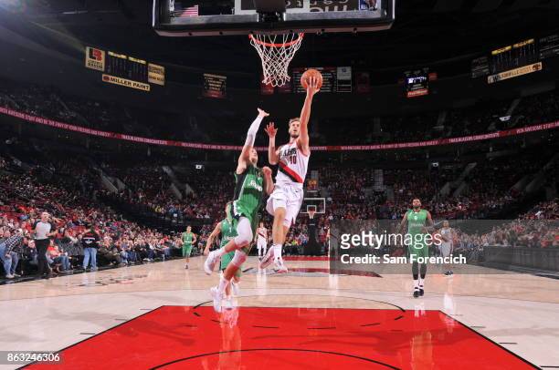 Jake Layman of the Portland Trail Blazers shoots the ball during the preseason game against the Maccabi Haifa on October 13, 2017 at the Moda Center...