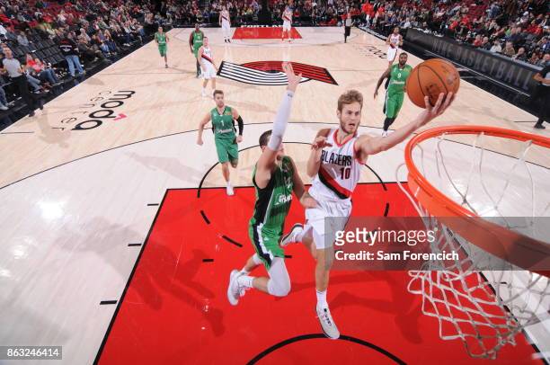 Jake Layman of the Portland Trail Blazers shoots the ball during the preseason game against the Maccabi Haifa on October 13, 2017 at the Moda Center...