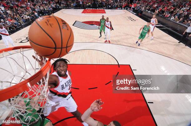 Caleb Swanigan of the Portland Trail Blazers reaches for the ball during the preseason game against the Maccabi Haifa on October 13, 2017 at the Moda...
