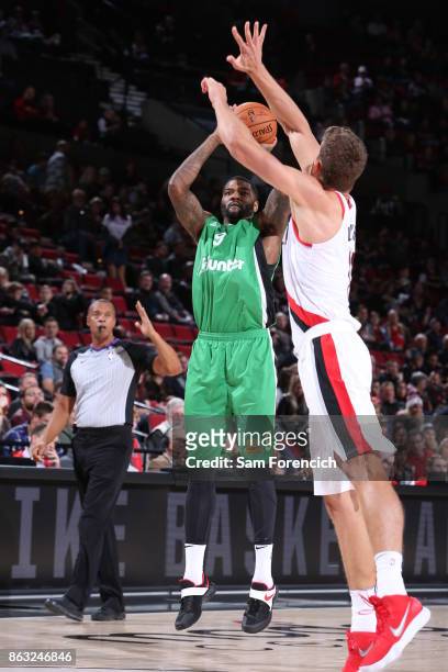 Josh Smith of Maccabi Haifa shoots the ball during the preseason game against the Portland Trail Blazers on October 13, 2017 at the Moda Center in...