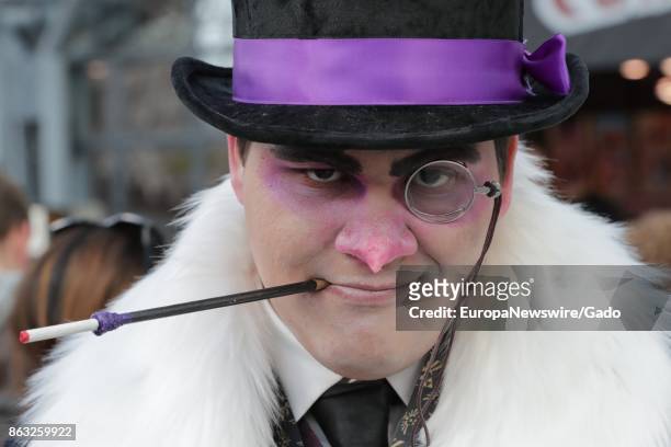 Headshot of comic book fan dressed as the villain Penguin during New York Comic Con at the Jacob Javits Convention Center in New York City, New York,...