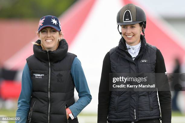 Katie Laurie and Tess Clark walk the course before round one of the 2017/18 World Cup Show Jumping NZ qualifying series on October 20, 2017 in...