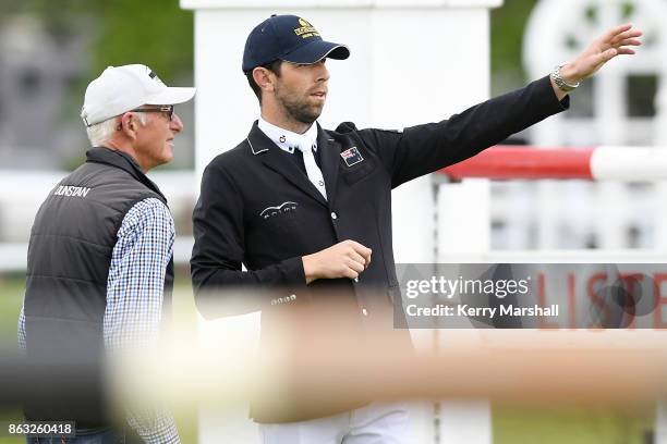 Jeff McVean and Clarke Johnstone discuss the course before round one of the 2017/18 World Cup Show Jumping NZ qualifying series on October 20, 2017...