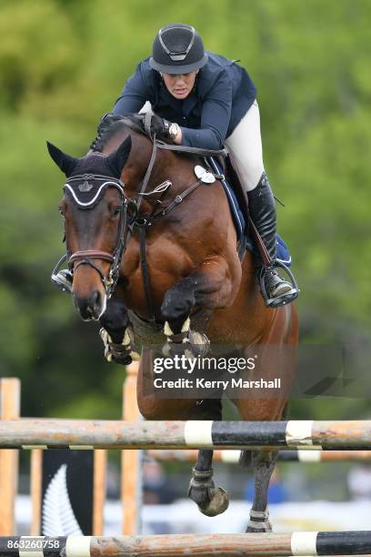 Brooke Edgecombe rides LT Holst Andrea during round one of the 2017/18 World Cup Show Jumping NZ qualifying series on October 20, 2017 in Hastings,...