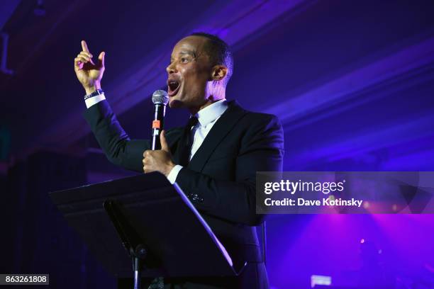 Host Jason Carroll speaks during Daniel E Straus & CareOne Starry Night Masquerade For Puerto Ricoat Skylight Clarkson North on October 19, 2017 in...