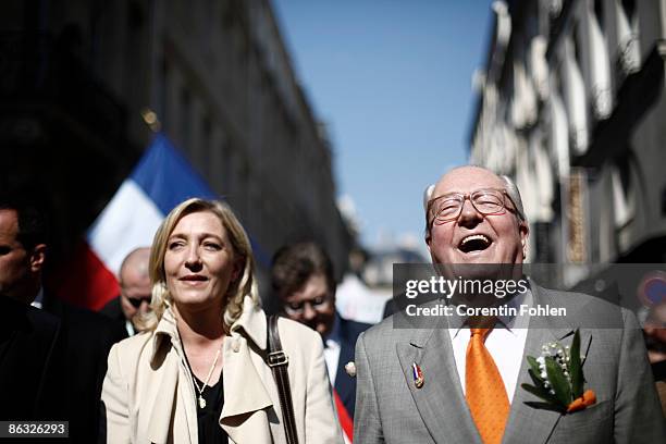 Jean-Marie Le Pen and Marine Le Pen march during Traditional Front National's demonstration during the annual May Day protests on May 1, 2009 in...