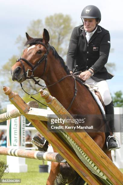Maurice Beatson and Manadalay Cover crash into a jump during round one of the 2017/18 World Cup Show Jumping NZ qualifying series on October 20, 2017...