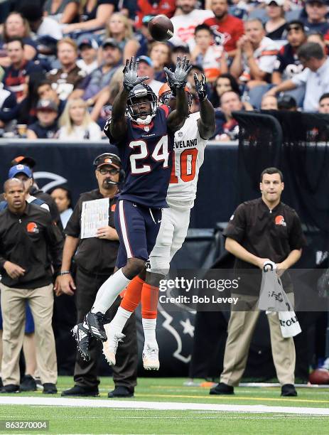 Johnathan Joseph of the Houston Texans intercepts a pass intended for Sammie Coates of the Cleveland Browns at NRG Stadium on October 15, 2017 in...