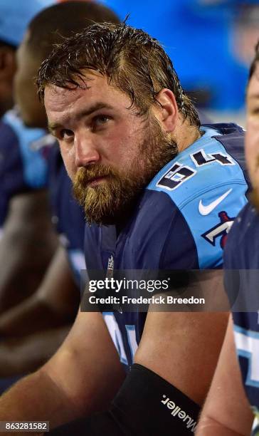 Josh Kline of the Tennessee Titans watches from the sideline during a game against the Indianapolis Colts at Nissan Stadium on October 16, 2017 in...