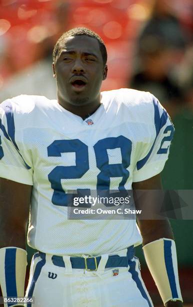 Marshall Faulk of the Indianapolis Colts against the Oakland Raiders at Oakland Coliseum circa 1995 in Oakland, California.