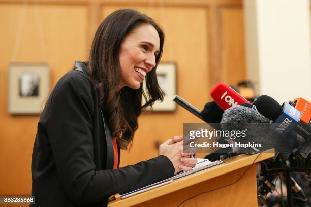 Labour leader and prime minister-elect, Jacinda Ardern, speaks to media during a post-caucus meeting press conference at Parliament on October 20,...