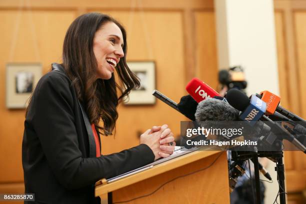 Labour leader and prime minister-elect, Jacinda Ardern, speaks to media during a post-caucus meeting press conference at Parliament on October 20,...