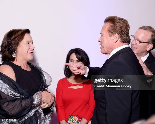 Arnold Schwarzenegger and Dorothy Bush Koch greet each other at the 2017 Points of Light Gala at the French Embassy on October 19, 2017 in...