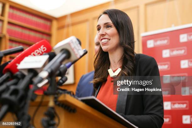 Labour leader and prime minister-elect, Jacinda Ardern, speaks to media during a post-caucus meeting press conference at Parliament on October 20,...