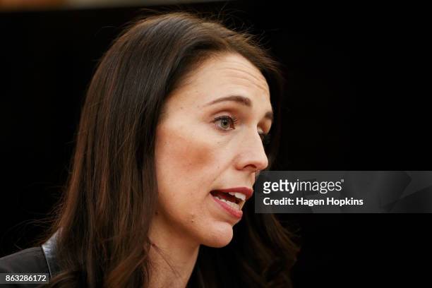 Labour leader and prime minister-elect, Jacinda Ardern, speaks to media during a post-caucus meeting press conference at Parliament on October 20,...