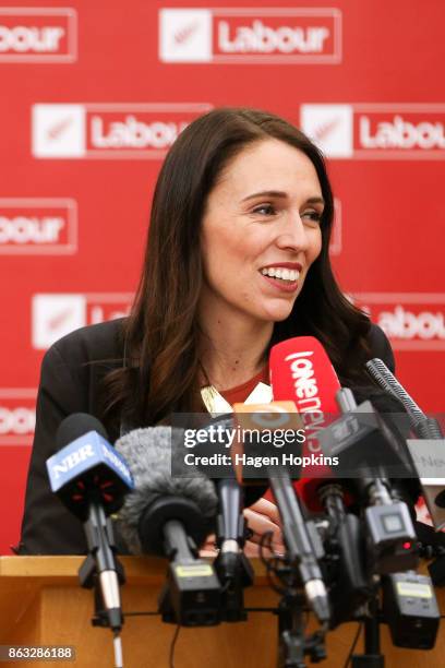 Labour leader and prime minister-elect, Jacinda Ardern, speaks to media during a post-caucus meeting press conference at Parliament on October 20,...