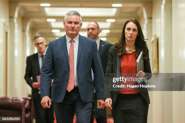 Labour leader and prime minister-elect, Jacinda Ardern, and deputy Kelvin Davis arrive at a post-caucus meeting press conference at Parliament on...