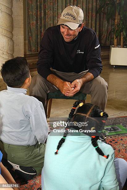 Len Mattiace greets Berendo Elementary School Students before reading "The Giving Tree" The PGA TOUR's Player Charity Visit prior to the start of the...