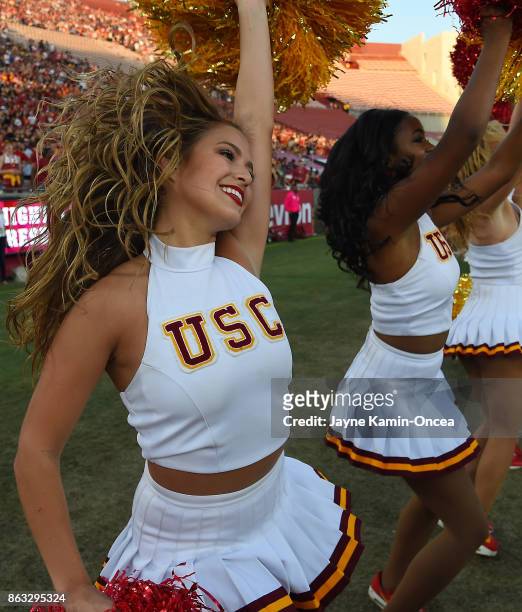 Trojans cheerleaders on the sidelines during the game against the Utah Utes at the Los Angeles Memorial Coliseum on October 14, 2017 in Los Angeles,...