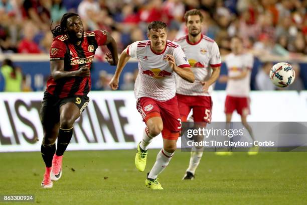 Kenwyne Jones of Atlanta United and Aaron Long of New York Red Bulls challenge for the ball during the New York Red Bulls Vs Atlanta United FC, MLS...