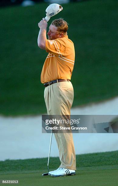 John Rollins reacts to a missed birdie attempt in a one hole playoff against Charley Hoffman in the final round of the 2007 Bob Hope Chrysler Classic...