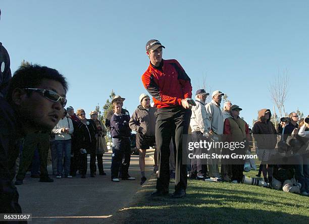 Justin Rose follows follows his shot after a drop on 15 green in the final round of the 2007 Bob Hope Chrysler Classic at the Classic Club in Palm...