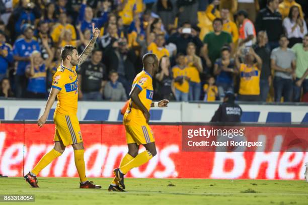 Andre Gignac of Tigres celebrates with teammate Enner Valencia after scoring his team's first goal during the 10th round match between Tigres UANL...
