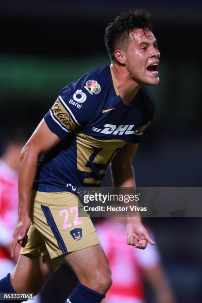 Alan Acosta of Pumas celebrates after scoring the second goal of his team during the 10th round match between Pumas UNAM and Leon as part of the...