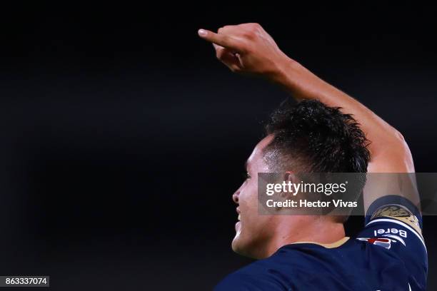 Alan Acosta of Pumas celebrates after scoring the second goal of his team during the 10th round match between Pumas UNAM and Leon as part of the...