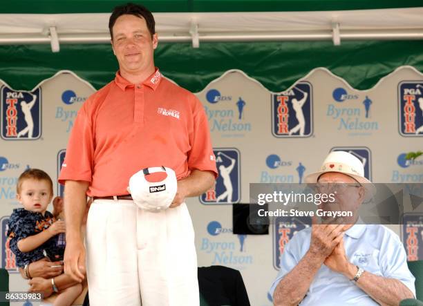 Ted Purdy joins Byron Nelson in his gallery box during the final round of EDS Byron Nelson Championship on Sunday May 15, 2005 at the TPC at Four...