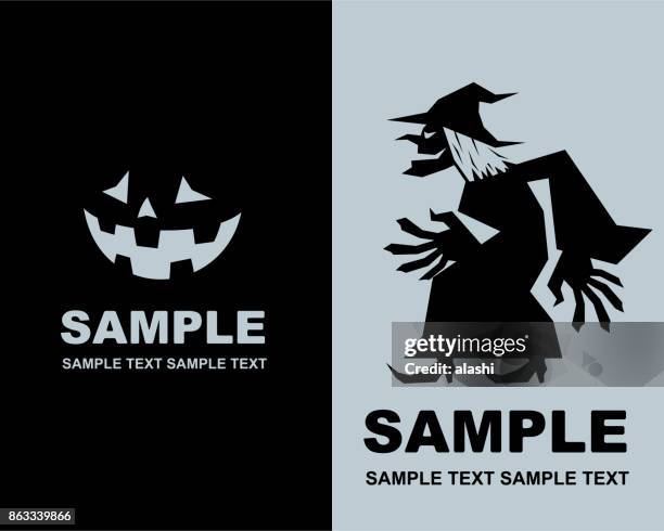 gruseligen spaß halloween party einladung, böse hexe mit jack o' lantern (kürbis) silhouette - ugly pumpkins stock-grafiken, -clipart, -cartoons und -symbole