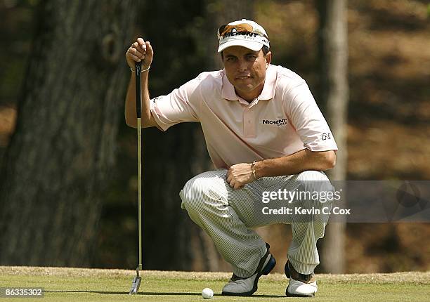 Scott Gardiner lines up his putt on the ninth green during the first round of the 2007 Athens Regional Foundation Classic Thursday, April 19 at the...