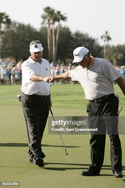 Bobby Wadkins and Mark O'Meara during the final round of the ACE Group Classic held at the Quail West Country Club in Naples, Florida on Sunday,...