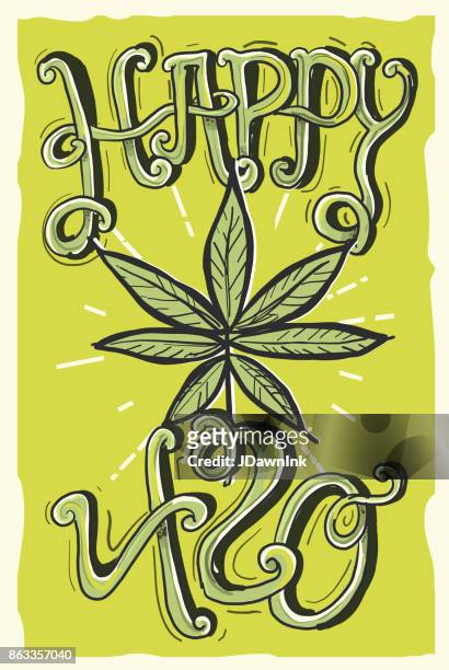 ilustrações de stock, clip art, desenhos animados e ícones de happy 420 marijuana greeting design template with hand drawn elements - marijuana leaf text symbol