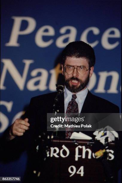 Leader of Sinn FÃ©in party : Gerry Adams makes a speech