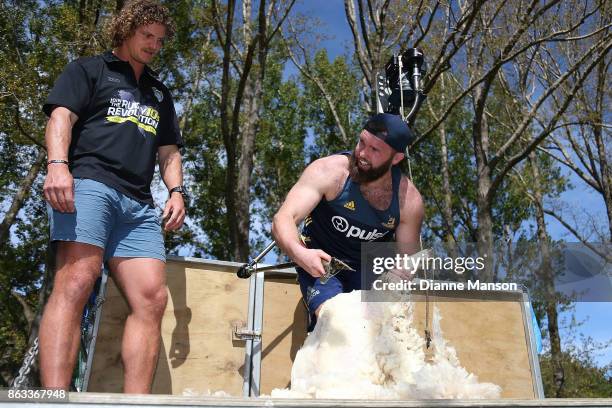 Nick Cummins looks on as Liam Coltman shears a sheep in a sheep shearing contest on October 20, 2017 in Dunedin, New Zealand.