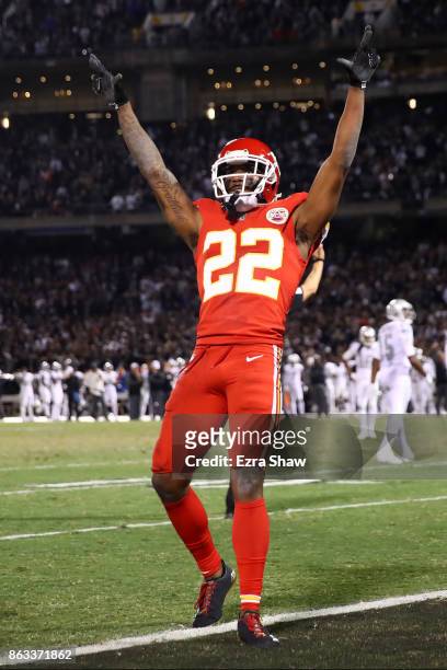 Marcus Peters of the Kansas City Chiefs reacts after a pass interference call against Michael Crabtree of the Oakland Raiders during their NFL game...
