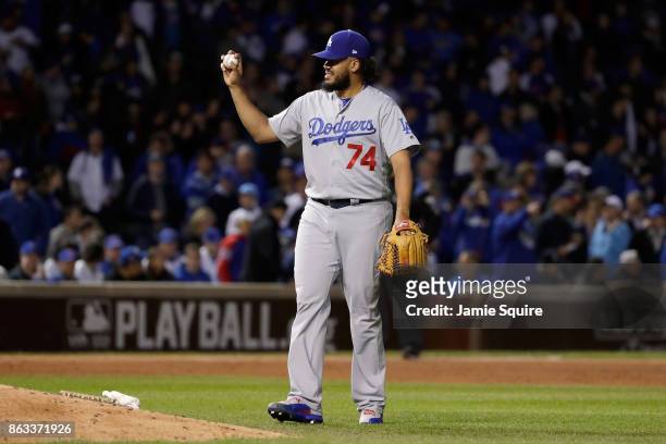 Kenley Jansen of the Los Angeles Dodgers stands on the field in the ninth inning against the Chicago Cubs during game five of the National League...