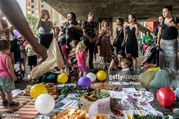 Group of parents and their children protest against a programe to allegedly improve the nourishing of students and fight hunger in Sao Paulo, Brazil,...