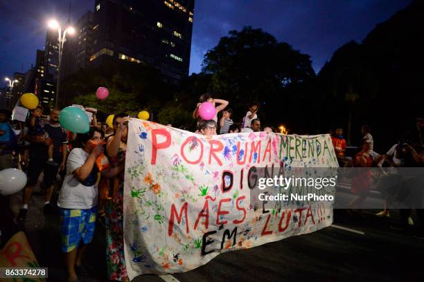 Group of parents and their children protest against a programe to allegedly improve the nourishing of students and fight hunger in Sao Paulo, Brazil,...