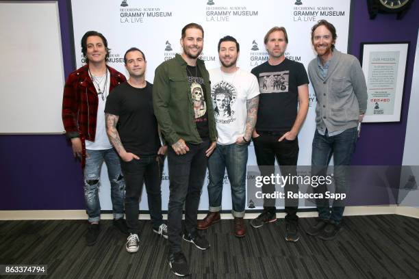 Synyster Gates, Johnny Christ, M. Shadows, Zacky Vengeance and Brooks Wackerman of Avenged Sevenfold with moderator Mikael Wood at An Evening With...