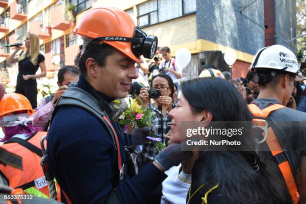 Rescuers who helped rescue people were honored during the a tribute in memory to the victims who died in the earthquake on October 19, 2017 in Mexico...