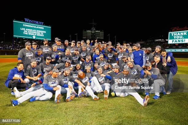 The Los Angeles Dodgers pose after defeating the Chicago Cubs 11-1 in game five of the National League Championship Series at Wrigley Field on...