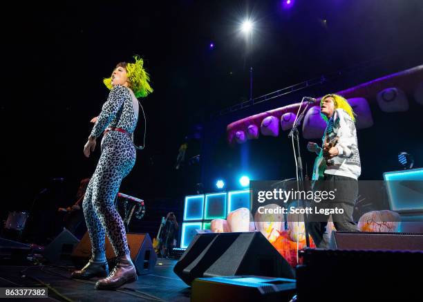 Hannah Hooper and Christian Zucconi of Grouplove perform during the Evolve World Tour at Little Caesars Arena on October 19, 2017 in Detroit,...