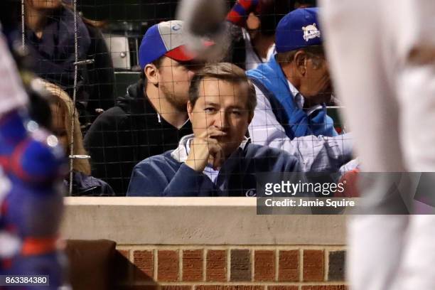 Chicago Cubs owner Tom Ricketts looks on during game five of the National League Championship Series between the Los Angeles Dodgers and the Chicago...
