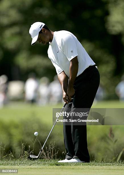 Tiger Woods chips for par on the 3rd hole during the second round of the Deutsche Bank Championship held at the TPC Boston in Norton, Massachusetts...