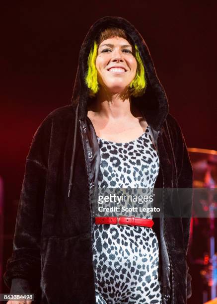 Hannah Hooper of Grouplove performs during the Evolve World Tour at Little Caesars Arena on October 19, 2017 in Detroit, Michigan.