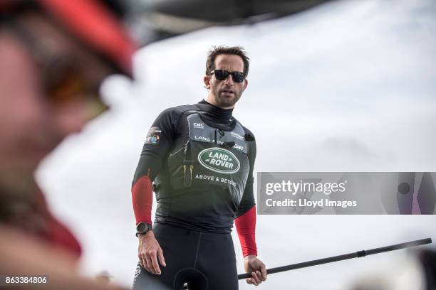 Sir Ben Ainslie of the United Kingdom helms the Land Rover BAR Academy during the Extreme Sailing Series on October 19, 2017 in San Diego, California.