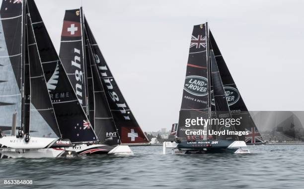 Land Rover BAR Academy shown here in action, skippered by Rob Bunce and helmed by Sir Ben Ainslie of the United Kingdom with team mates Elliot Hanson...