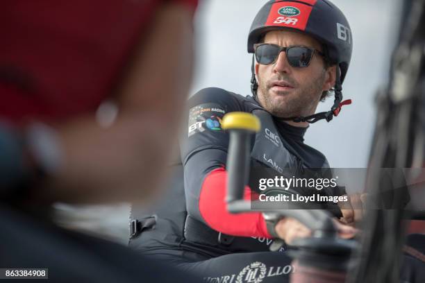 Sir Ben Ainslie of the United Kingdom helms the Land Rover BAR Academy during the Extreme Sailing Series on October 19, 2017 in San Diego, California.